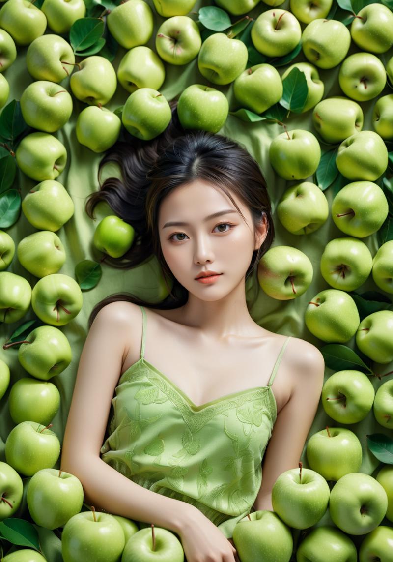 41302-2797171162-cinematic style poster,A young beautiful Chinese girl lying among a vast number of green apples,dressed predominantly in a green.png